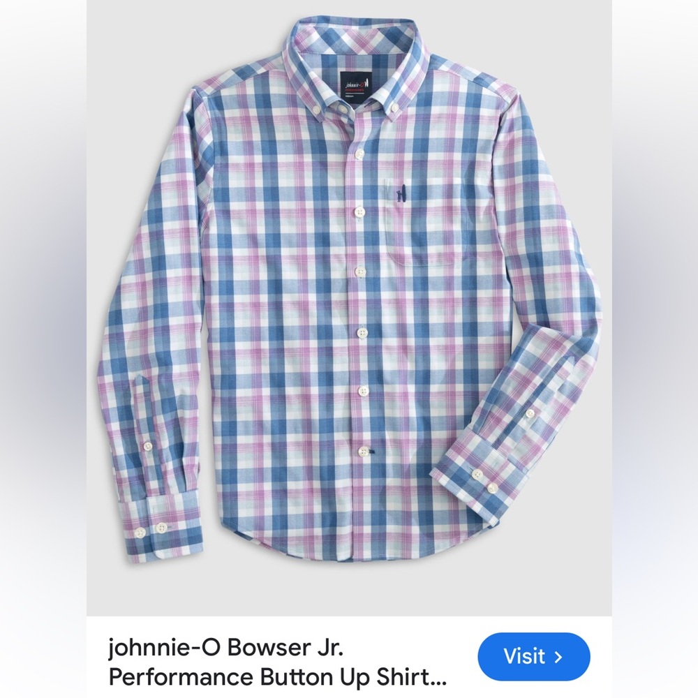 johnnie-O Performance Bowser Jr Plaid Button Down Shirt w Logo Boys Sz 12